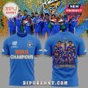 Blue tee with 'INDIA CHAMPIONS' text, cricket team pic, Indian flag. T20 World Cup India & Sri Lanka 2026 theme!