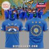 Blue cricket tee: CHAMPIONS, CRICKET INDIA text, with logo. Back: 3 stars, cricket logo. T20 World Cup 2026 design!