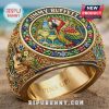 Gold Jimmy Buffett ring! Parrot, drinks, guitar. Inscription FINs UP! Colorful jewels, beach vibe art.!