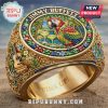 Gold Jimmy Buffett ring with parrot, cocktails, palm trees design! 'Fins Up!' text inside band!