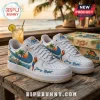 White tropical custom sneakers with blue swoosh, sunset, palm trees, parrot, ocean waves, 'Jimmy Buffett', 'MARGARITAVILLE' text!