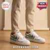 White retro sneakers with tropical palm tree and wave design, blue Nike swoosh, red parrot, MARGARITAVILLE, Jimmy Buffett text!