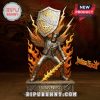 Silver Judas Priest statue. Flames, wings, shield text: Judas Priest, Shield of Pain Tour, 2025! Rock vibe!