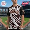 Man wearing a baseball jersey with black/white stripes, the word Texas in gold, and the Jujutsu Kaisen logo.!