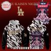 Jujutsu Kaisen Dodgers hoodie! White, black, gold. Sukuna art. Text: Jujutsu Kaisen Night, Dodgers, Sukuna.!