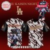 Baseball jersey with Yuta Okkotsu art, reads 'Dodgers', 'Jujutsu Kaisen Night'. Black, white, gold hues, anime style!