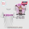 White Kesha Tee: Concert dates, hot pink burst behind Kesha graphic. Inverted name on front in hot pink font!
