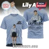 Lily Allen full print t-shirt: light blue, white polka dots, Lily Allen image, 'Lily Allen PERFORMS WEST END GIRL' 2023 tour dates!
