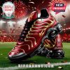 Red & gold Liverpool F.C. sneakers! Reads L.F.C., ERPOOL F.C., and PREMIER LEAGUE CHAMPIONS!