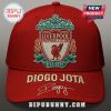 Red cap featuring the Liverpool Football Club logo, 'You'll Never Walk Alone,' EST-1822, Diogo Jota name and signature.!