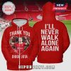 Red hoodie with Diogo Jota design; 'Thank You' and 'I'll Never Walk Alone Again' text.!