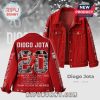 Red Diogo Jota Liverpool FC denim jacket with player imagery and text.!