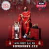 Mohamed Salah sitting next to trophies and awards on a red platform! Bipubunny.com logo!