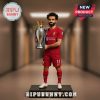 Image of Mohamed Salah in Liverpool kit holding Premier League trophy with a crown on top.!