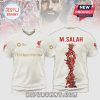 White t-shirt featuring 'PFA Player of the Year', LFC logo, and an image of the team stacked with 'M.SALAH' above it.!