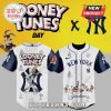 Looney Tunes x Yankees baseball jersey! White, navy, cartoon style featuring Bugs Bunny and text.!