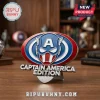 Red white blue silver Captain America mask emblem with 'A' on forehead and 'CAPTAIN AMERICA EDITION' text!