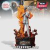 Megadeth Vic Rattlehead statue in a white suit surrounded by flames, skulls, and the band in the background.!