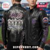 Black leather jacket with Mets player graphics on the back and sleeve.!