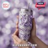 Silver stainless steel tumbler with purple Mewtwo art, swirls, Psychic Supremacy text, and a straw.!