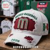White baseball cap with distressed edges, featuring a maroon 'M' logo, 'Mexico Baseball' text, and the year '2026'!