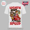 White tee with cartoon race car design. Red text: LIGHTS OUT, FULL SPEED! Mater, Lightning McQueen, Mickey Mouse graphics!