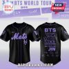 Black Mets baseball jersey with 'BTS' and member names in purple; signature graphics!