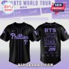 Black baseball jersey with purple 'Phillies' text, BTS members' names, and signatures!