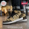Custom sneakers: Black and gold high-tops with dragon art and 'Custom Name' text! Cool kicks!