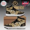 Black & tan high-top shoes with dragons. 'Custom Name' text on tan swoosh. 'Wing Night' theme! Personalize it!