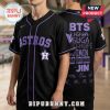 Black Astros baseball jersey with purple text: ASTROS, BTS, JungKook, Suga, J-Hope, Jimin, Rap Monster, Jin, plus signatures!