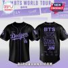 Black Dodgers jersey with BTS World Tour design! Names include RM, Jin, Suga, J-Hope, Jimin, Jungkook, and more!