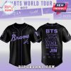 Black baseball jersey with purple Braves logo, BTS member names, signatures, and 'BTS WORLD TOUR' text!