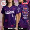 Purple St. Louis Cardinals baseball jersey. Graphics include flowers, butterflies, and International Women's Day text.!