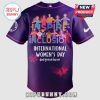 Purple baseball jersey with 'Inspire Inclusion' and International Women's Day text featuring diverse figures making heart hands.!