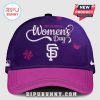 International Women's Day cap with SF logo, flower, and butterfly on a purple backdrop with a pink brim.!