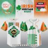 White Mets baseball jersey with green and orange trim, Irish Pride text and shamrock design!