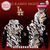 Jujutsu Kaisen Night product featuring a white and black hoodie with Dodgers emblem and anime character art.!