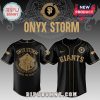 Black & gold baseball jersey. Features 'ONYX STORM', SF logo, dragon, 'GIANTS', 'BRAVE THE DARK' text! Goth sports vibe!