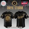 Black Dodgers jersey, 'Onyx Storm' graphic, dragon art, gold accents! Baseball vibe!