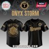 Black baseball jersey with gold 'Onyx Storm' text and dragon graphic! 'Rangers' script on front!