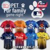 Pet-themed baseball jerseys: 'Fur Family game night' with customizable pet name and MLB team logos.!