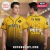 Yellow baseball jersey featuring 'Pirates' text, paw prints, space for pet's name and images of cats and dogs.!