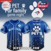 Blue Jays pet jersey with paw prints and bone pattern, customizable with pet's name!