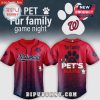 Red baseball jersey with 'Nationals' and a dog paw logo, customizable with your pet's name.!