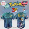 Blue baseball jersey featuring Dodgers and Pokemon 30th anniversary designs. Front and back views are displayed.!