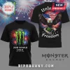 Black t-shirts: Monster logo, fireworks, USA flag eagle, text: Unleash the Freedom, 250 Years USA EST 1776-2026!