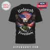 Black tee with Eagle, flag, fireworks, drink. Text: Unleash the Freedom!