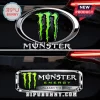 Chrome Monster Energy car emblems with bold green claw logo and white text MONSTER, one with ENERGY UNLEASH THE BEAST!