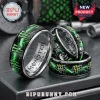 Silver black green edgy lightning skull rings with Monster Energy and Fox Racing logos, 'YOUR NAME' text!
